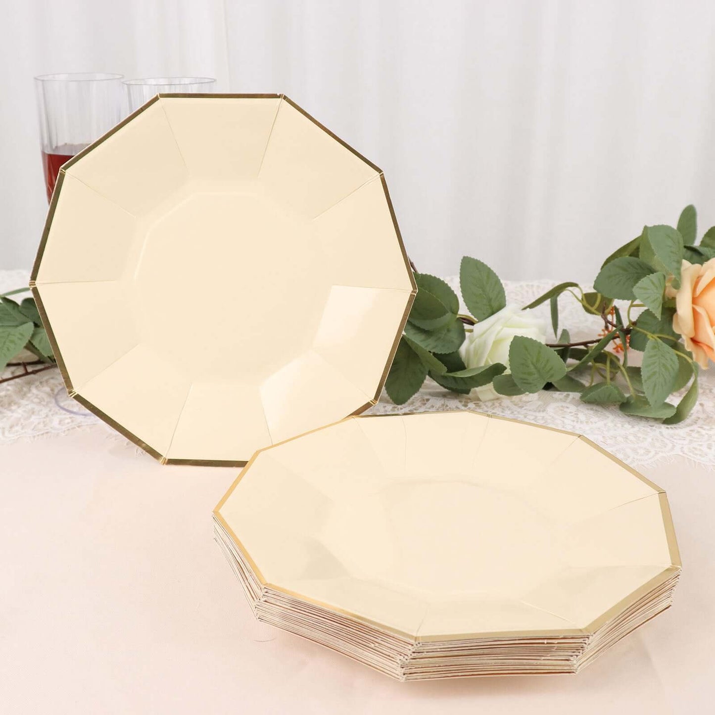 25-Pack Paper 9" Decagon Dinner Plates in Beige with Gold Foil Rim - Disposable Geometric Party Plates for Modern Weddings & Events