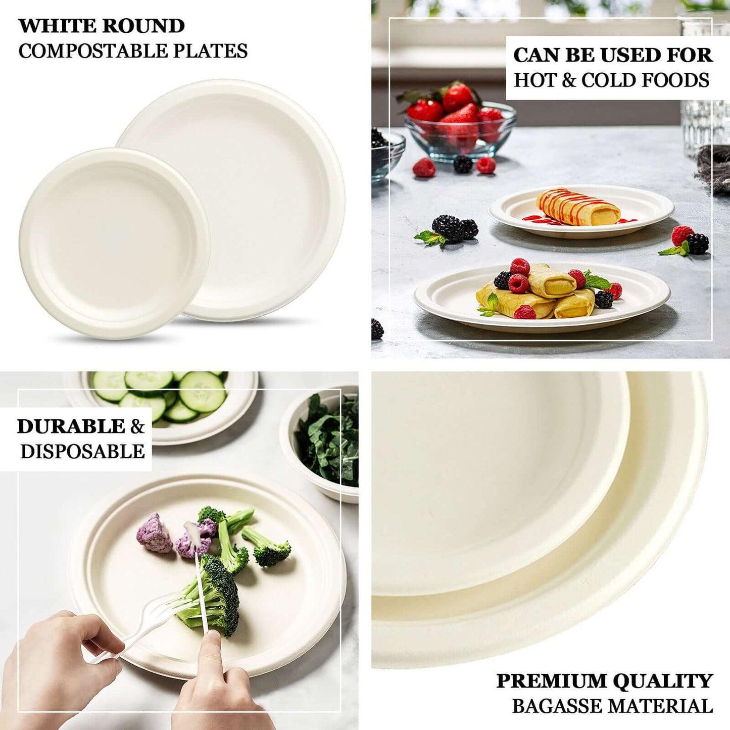 50-Pack Bagasse 7" Round Dessert Plates in White - Biodegradable Disposable Sugarcane Appetizer Salad Plates for Outdoor Celebrations & Picnics