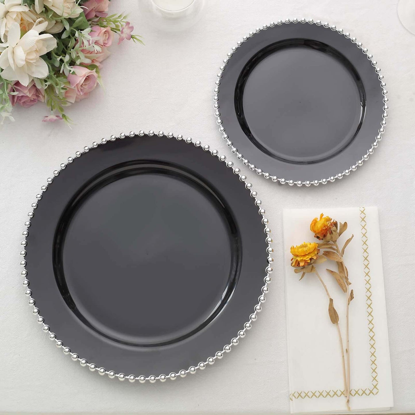 10-Pack Black Plastic Dessert Plates â€“ 8" Round with Silver Beaded Rim, Disposable for Parties & Events
