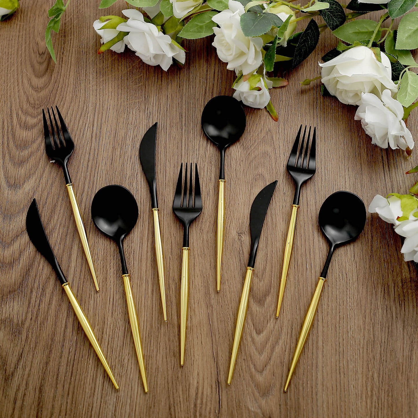 24-Pack Plastic Flatware Set in Black with Gold Handle - Heavy Duty Disposable Modern Silverware 8"