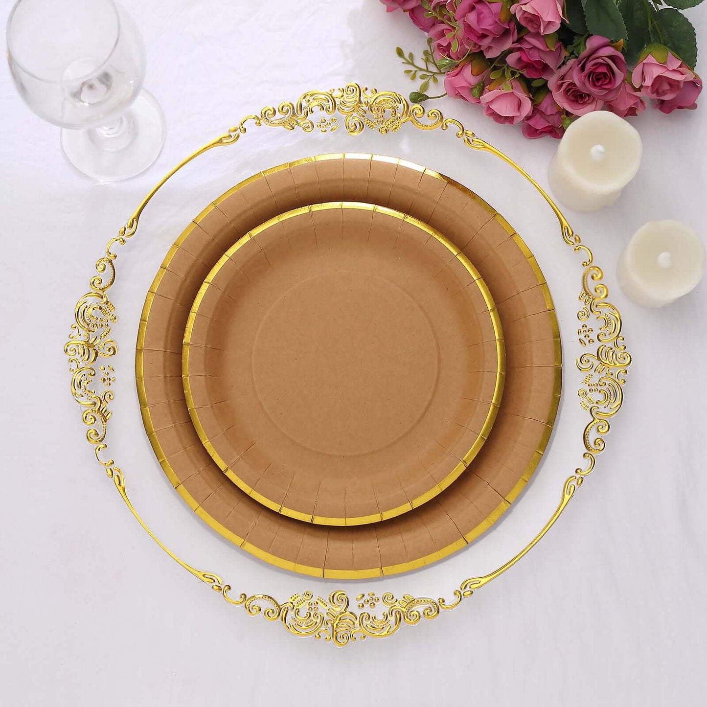 25-Pack Kraft Paper 8" Round Dessert Plates in Natural Brown with Gold Lined Rim - Disposable Salad Appetizer Plates for Rustic & Vintage Inspired Events