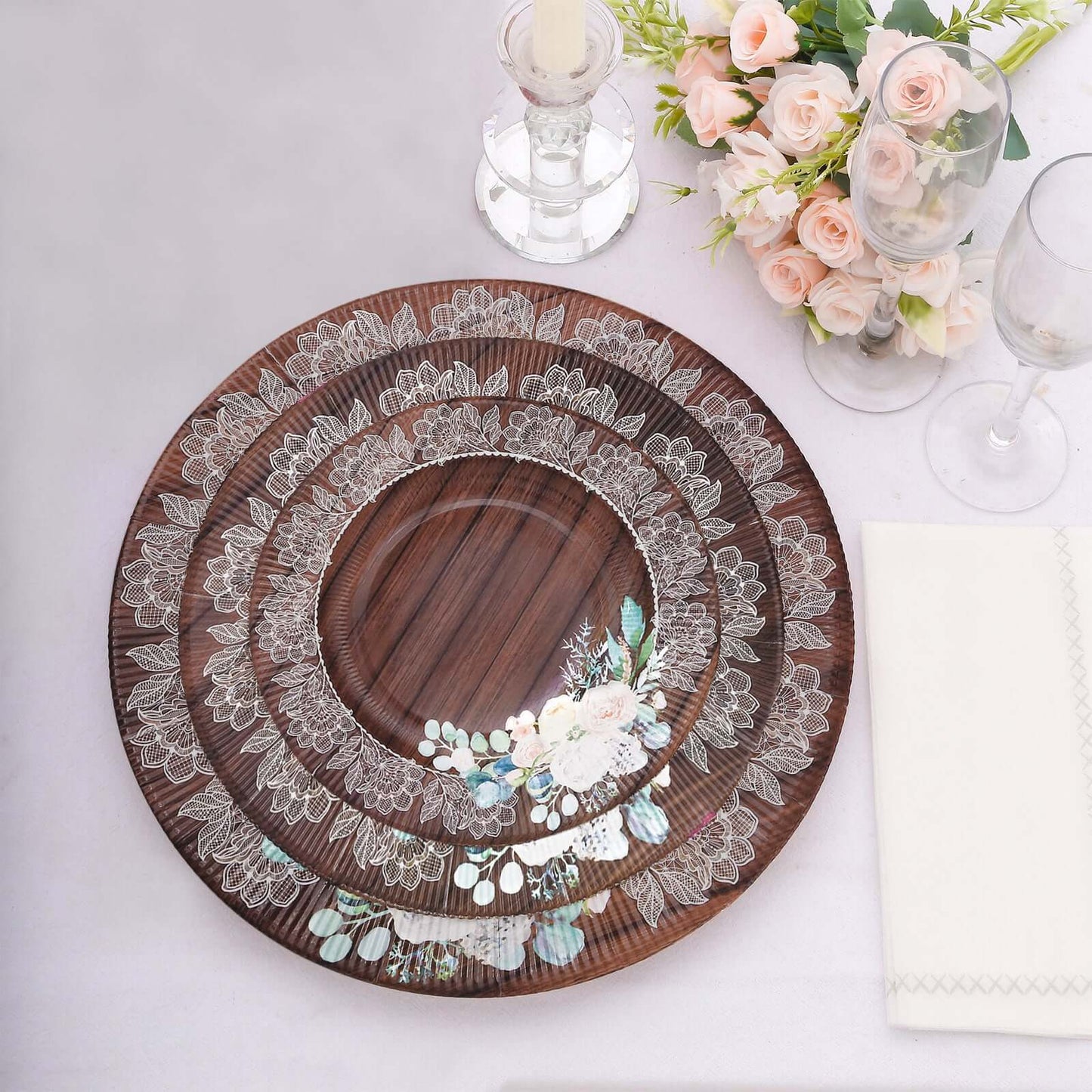 25-Pack Disposable Round Charger Plates in Brown Rustic Wood Print with Floral Lace Rim - Durable Paper Chargers for Rustic Themes & Outdoor Events 13"