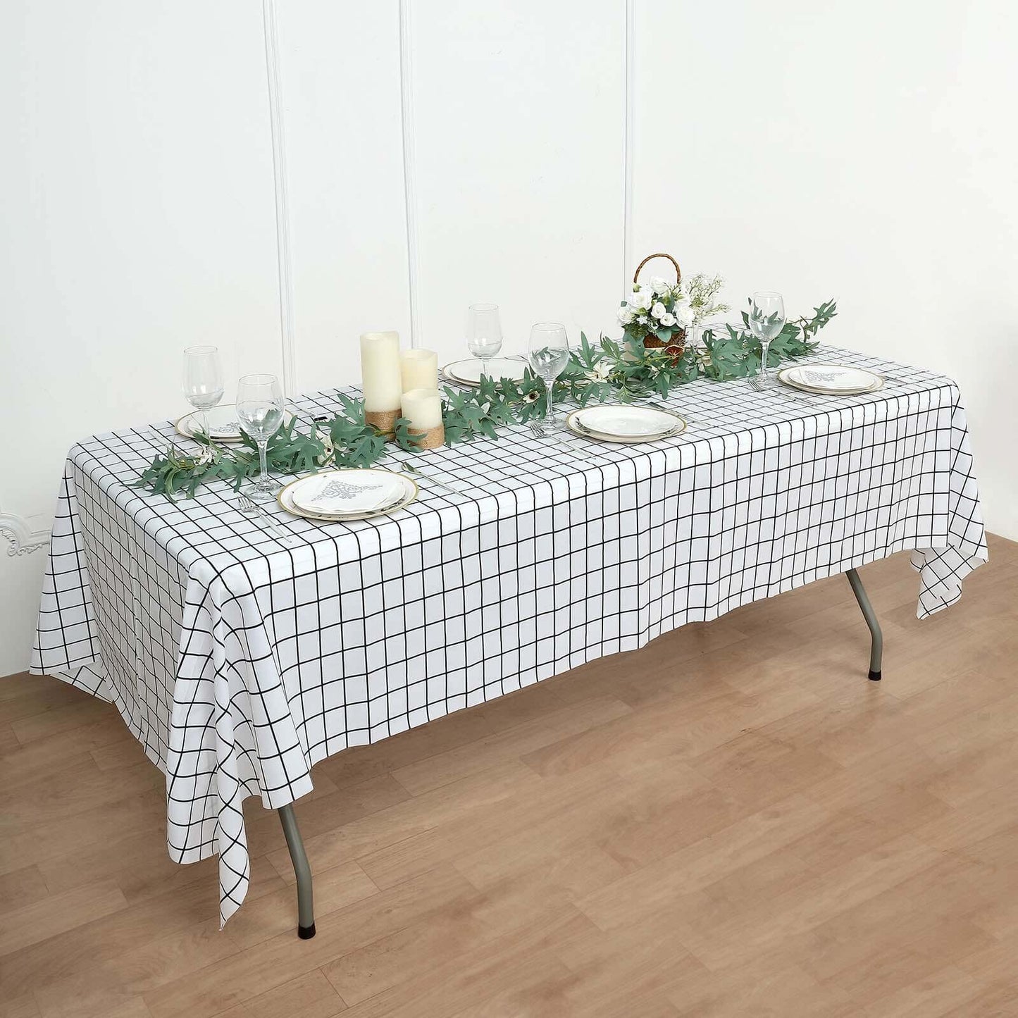 5-Pack Plastic Table Covers Black/White Grid Rectangle - Durable Checkered PVC Disposable Tablecloths 54"x108"