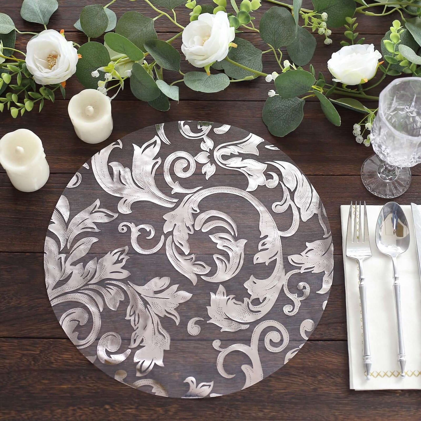 10-Pack Table Placemats Swirl Foil Floral Design Metallic Silver Round - Sheer Organza Disposable Mats 13"
