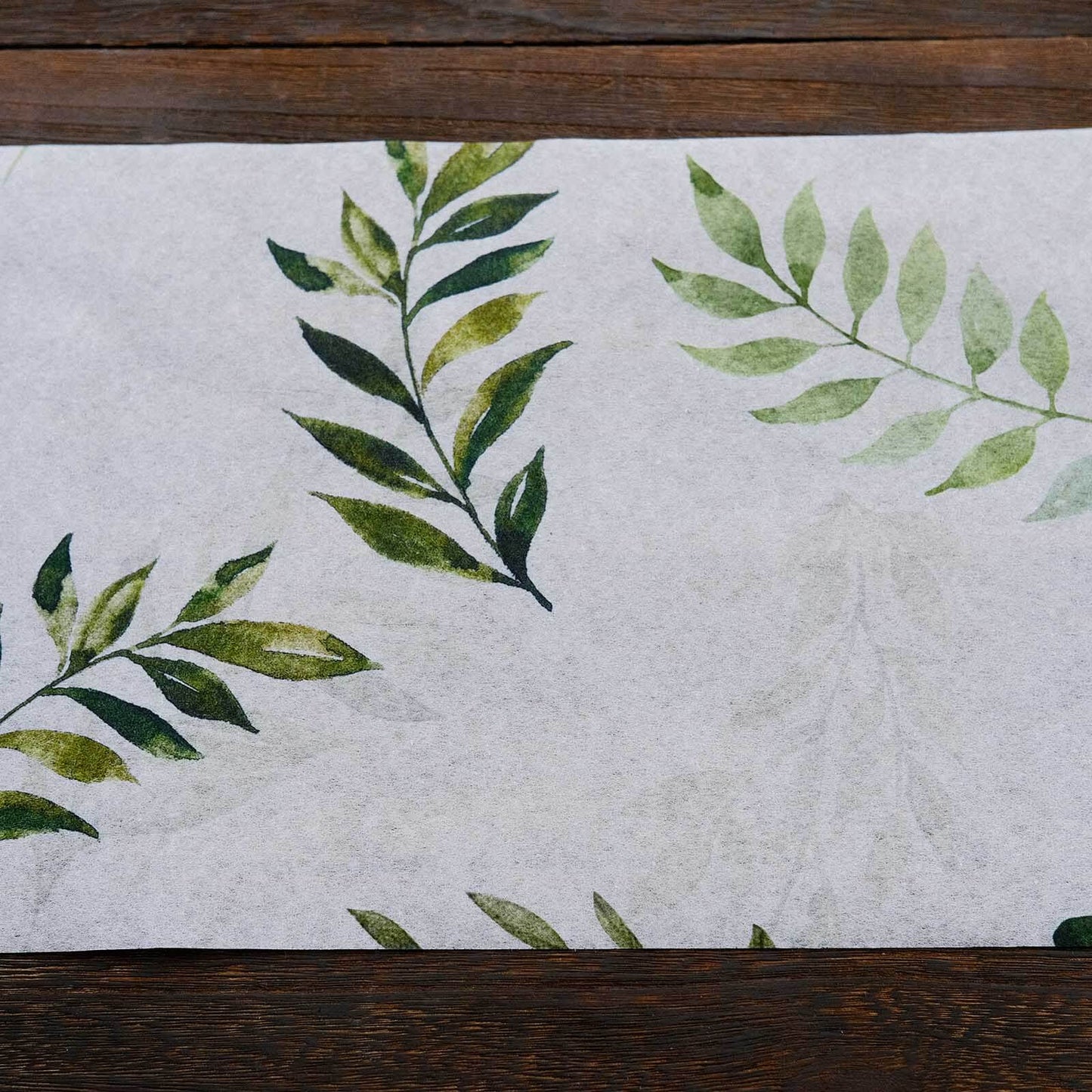Disposable Table Runner 11"x108" White with Green Olive Leaves Print - Non-woven Stylish Spring Summer Dining Decor