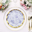 25-Pack Paper Round Dinner Plates 10" in White with Blue French Toile Pattern & Gold Wavy Rim - Disposable 350GSM Party Plates