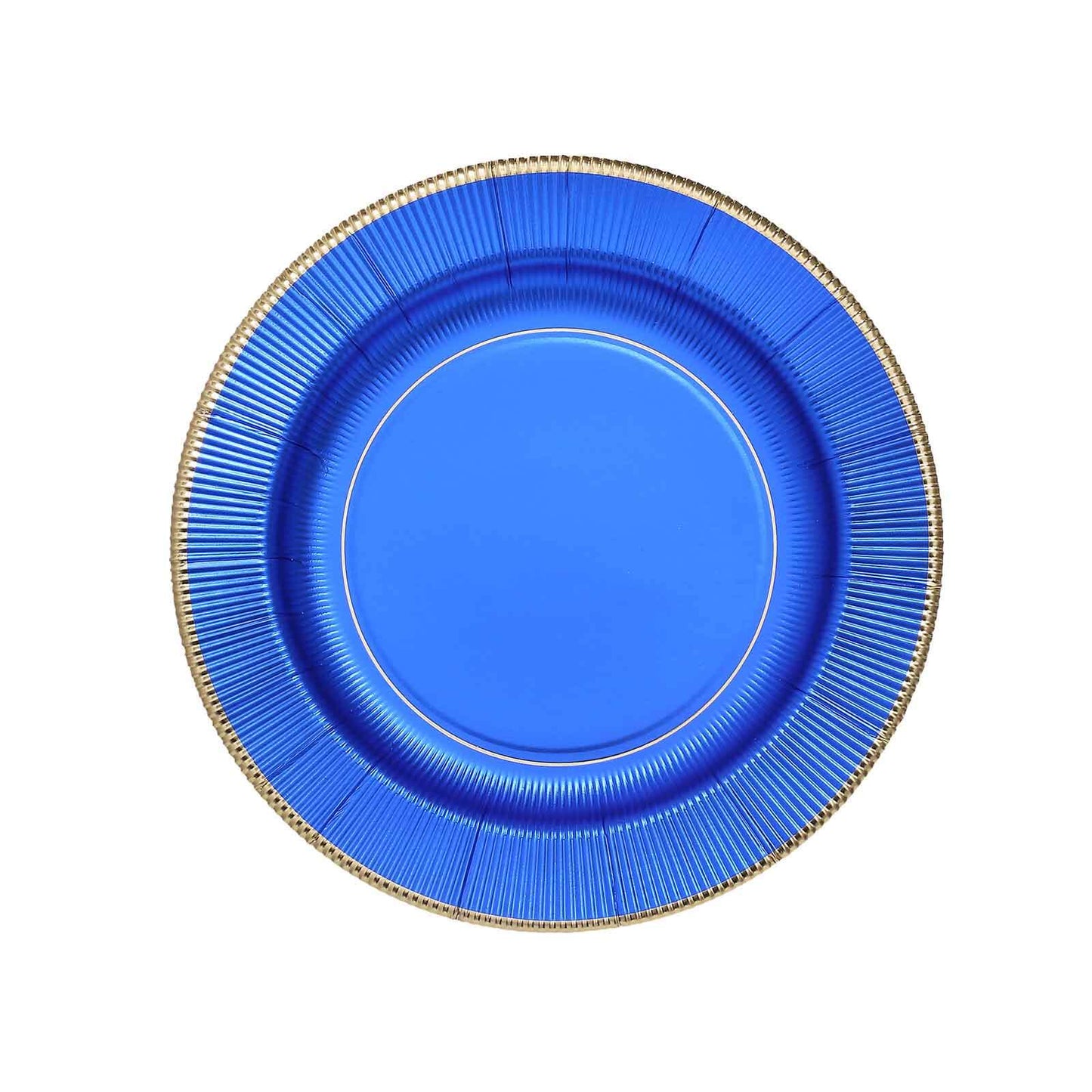25-Pack Paper 10" Round Dinner Plates in Royal Blue Sunray Design with Gold Rim - Disposable Heavy Duty 350GSM Party Plates
