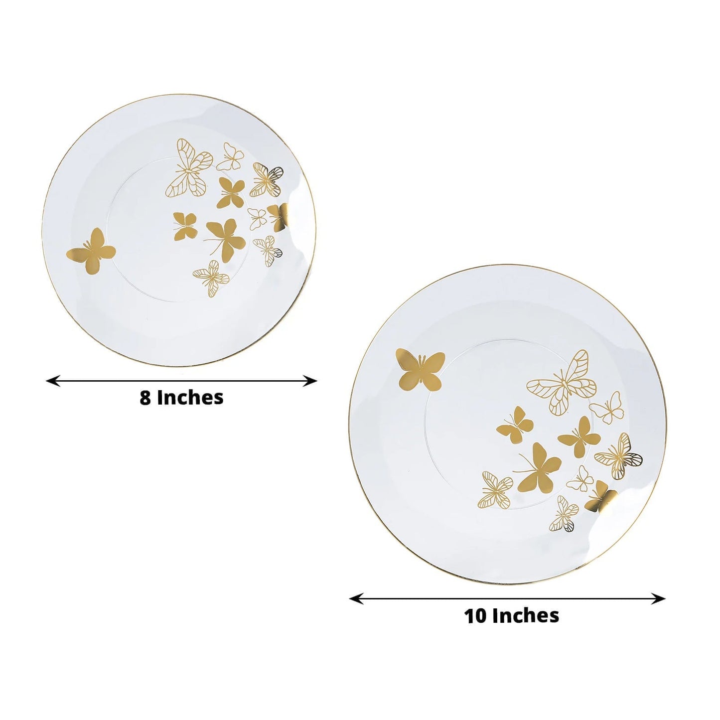 Set of 20 Plastic Round Dinner and Salad Plates in Clear with Gold Butterfly Design & Gold Rim - Stylish Disposable Dinnerware 8", 10"