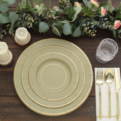 25-Pack Paper 10" Round Dinner Plates in Khaki Sunray Design with Gold Rim - Disposable Heavy Duty 350GSM Party Plates