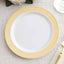 10-Pack Plastic Round Dessert Plates 7" White with Beige Gold Spiral Rim - Disposable Salad Plates