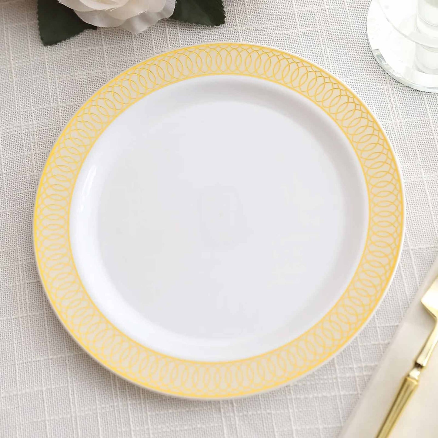 10-Pack Plastic Round Dessert Plates 7" White with Beige Gold Spiral Rim - Disposable Salad Plates