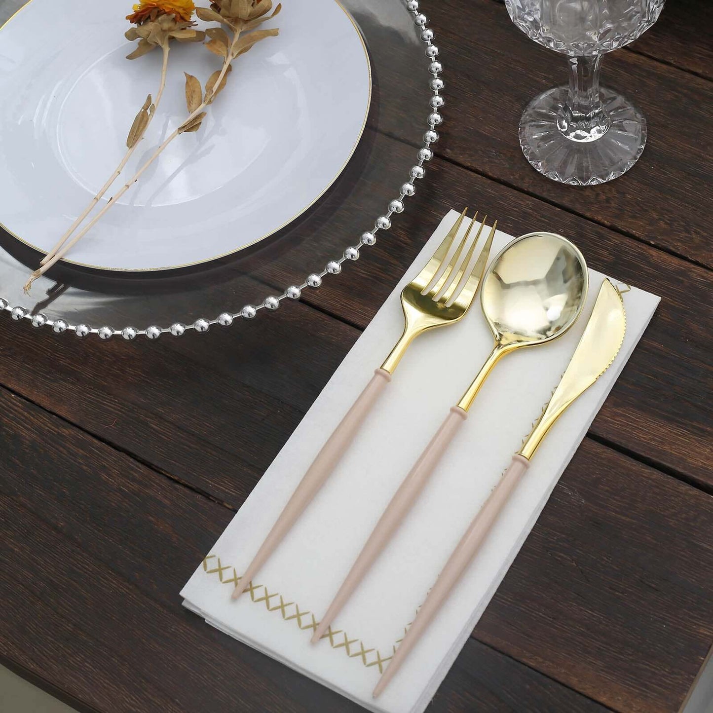 24-Pack Plastic Flatware Set in Metallic Gold with Beige Handle - Heavy Duty Disposable Modern Silverware 8"