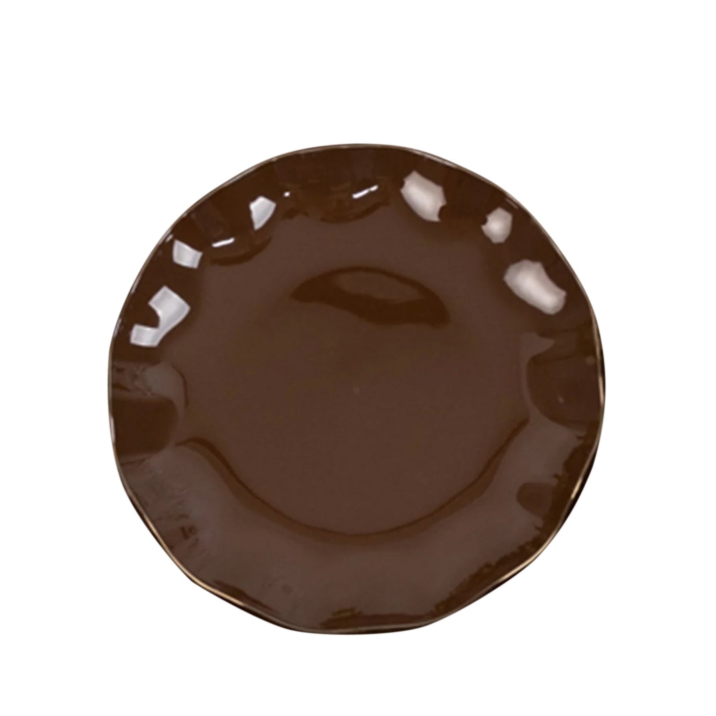 10-Pack Plastic Round 6" Dessert Plates in Cinnamon Brown Ruffled Rim with Gold Edging - Sturdy Disposable Salad Appetizer Dinnerware