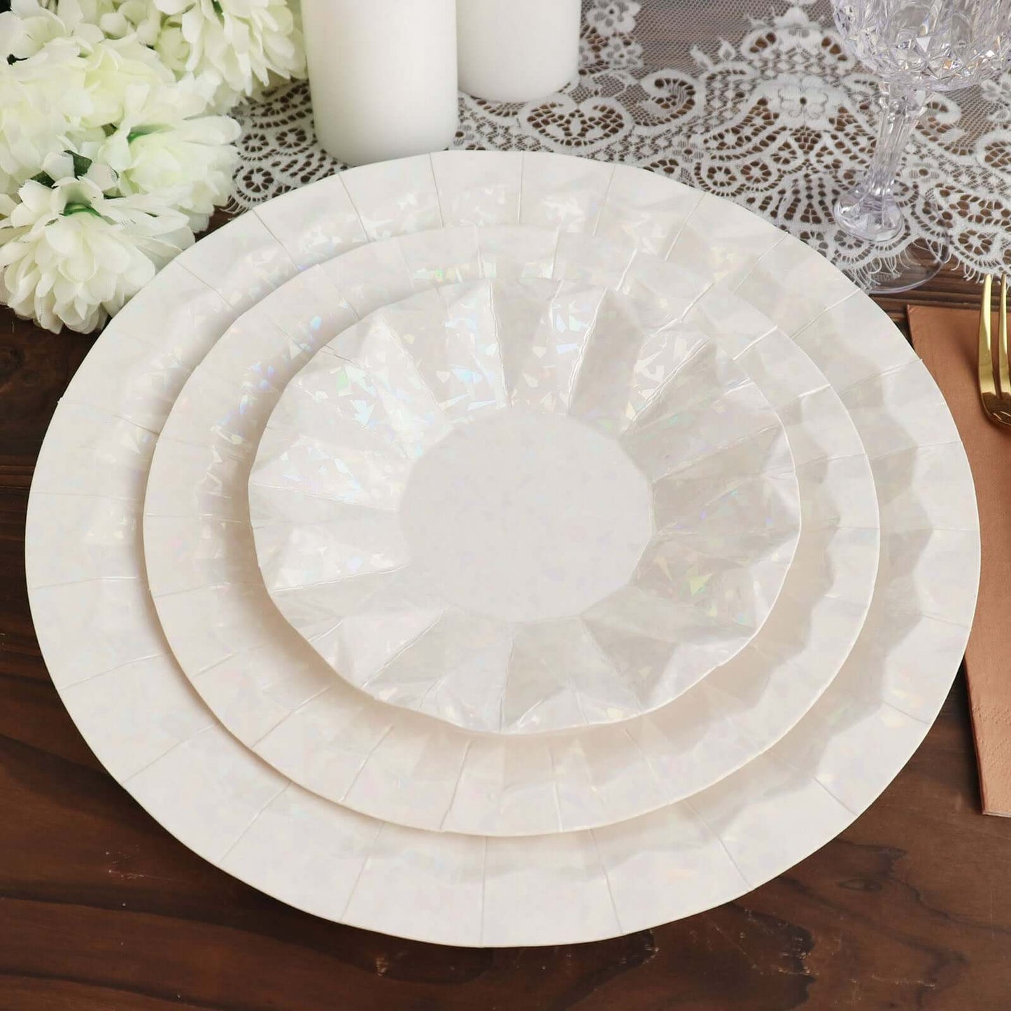 25-Pack Paper 12" Round Charger Plates in Iridescent with Geometric Prism Design - Disposable 400GSM Serving Trays