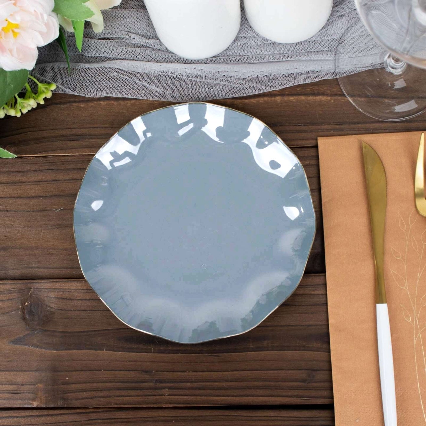 10-Pack Plastic Round 6" Dessert Plates in Dusty Blue Ruffled Rim with Gold Edging - Sturdy Disposable Salad Appetizer Dinnerware