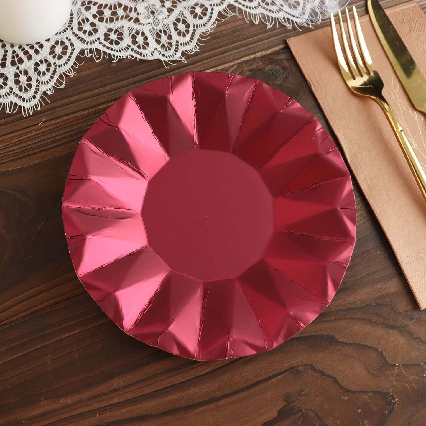 25-Pack Paper 7" Round Dessert Plates in Burgundy with Geometric Prism Rim - Disposable 400GSM Appetizer Salad Plates