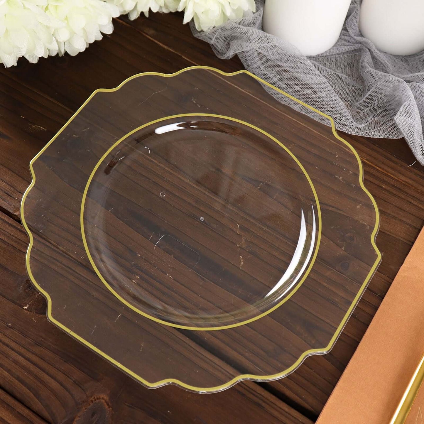 10-Pack Plastic Dessert Appetizer Plates in Clear Baroque Design with Scalloped Gold Rim - Heavy Duty Disposable Salad Plates 8"