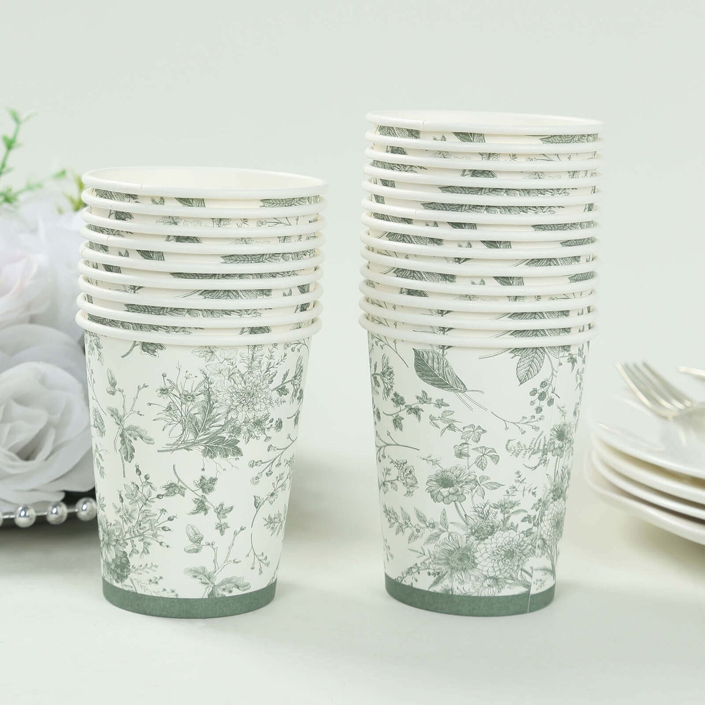 24 Pack Disposable Paper Cups in White Sage Green French Toile Pattern, Elegant Party Cups - 9oz