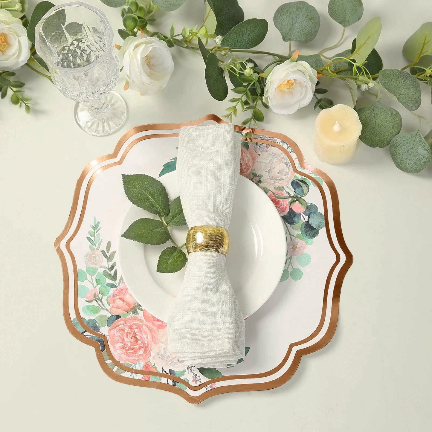10-Pack Disposable Table Placemats in White with Peony Flowers Print & Rose Gold 13"