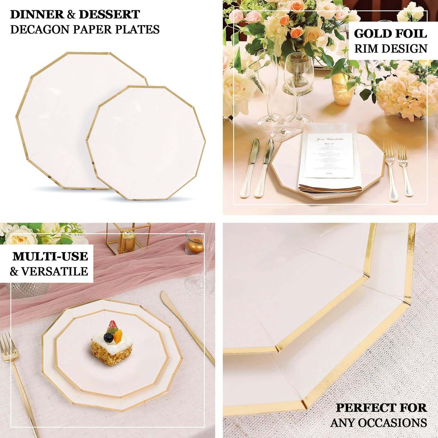 25-Pack Paper 7" Decagon Appetizer Plates in Beige with Gold Foil Rim