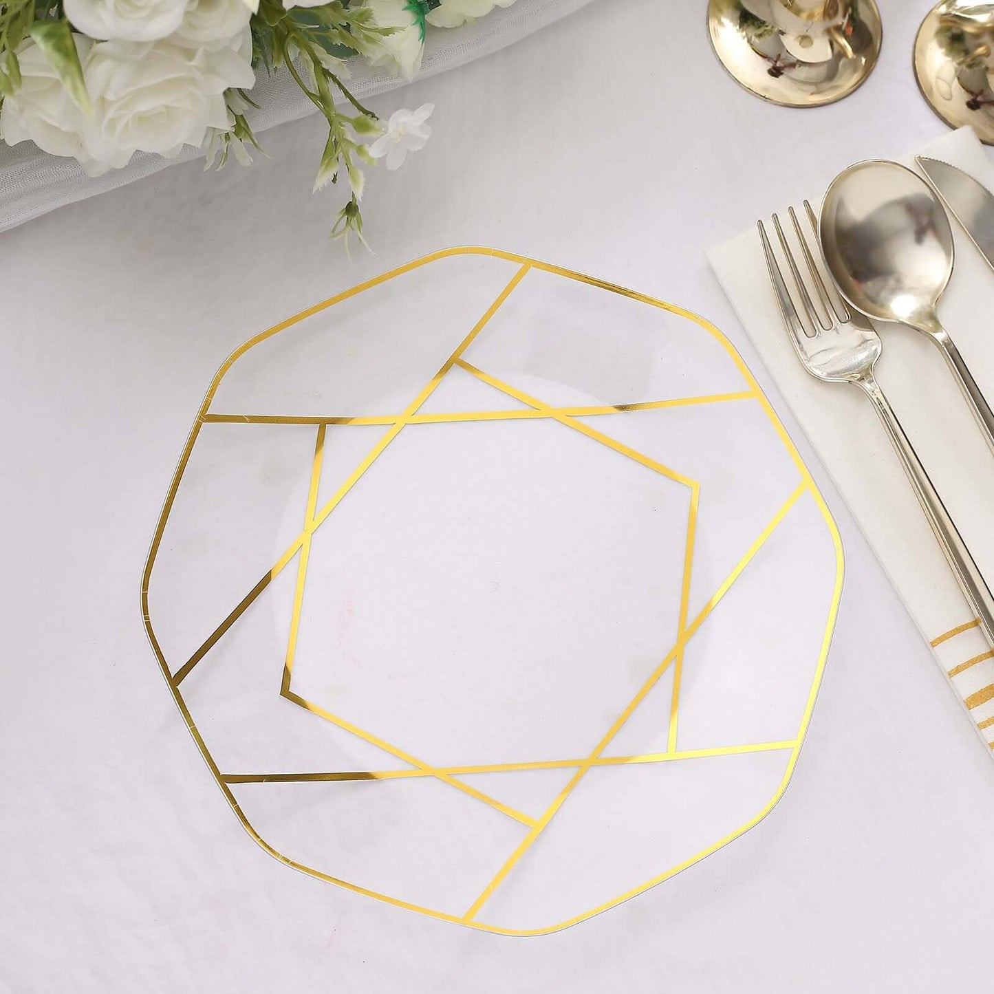 10-Pack Plastic 8" Octagon Dessert Plates in Clear - Modern Disposable Salad/Appetizer Plates with Gold Geometric Design for Special Occasions & Celebrations
