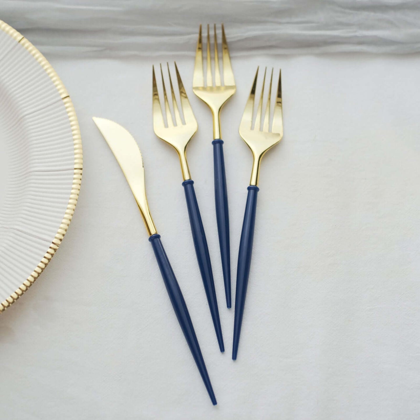 24-Pack Plastic Flatware Set in Metallic Gold with Royal Blue Handle - Heavy Duty Disposable Modern Silverware 8"