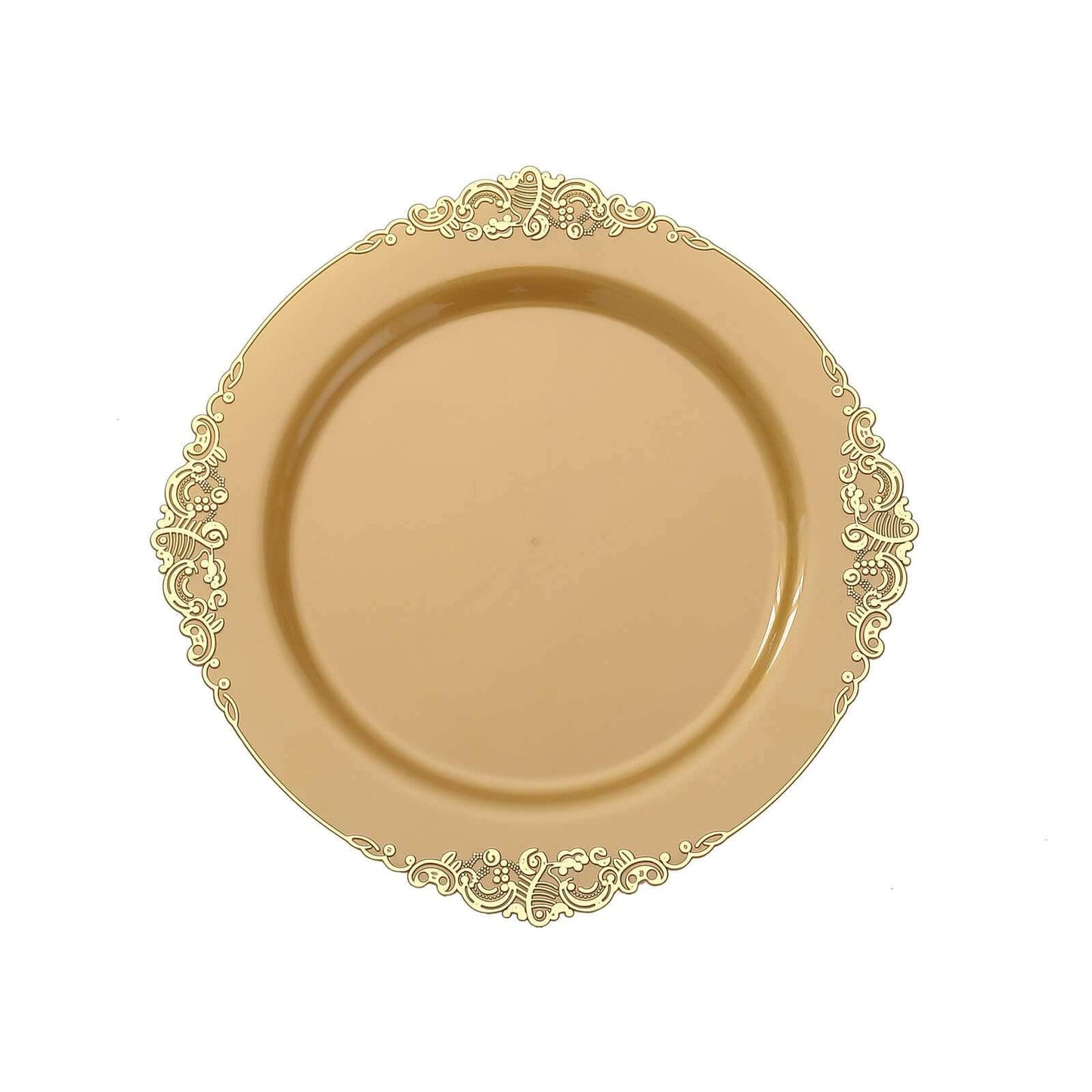 10-Pack Plastic 10" Round Dinner Plates in Gold with Leaf Embossed Rim - Disposable Vintage Baroque Style Plates for Luxurious Gatherings & Events