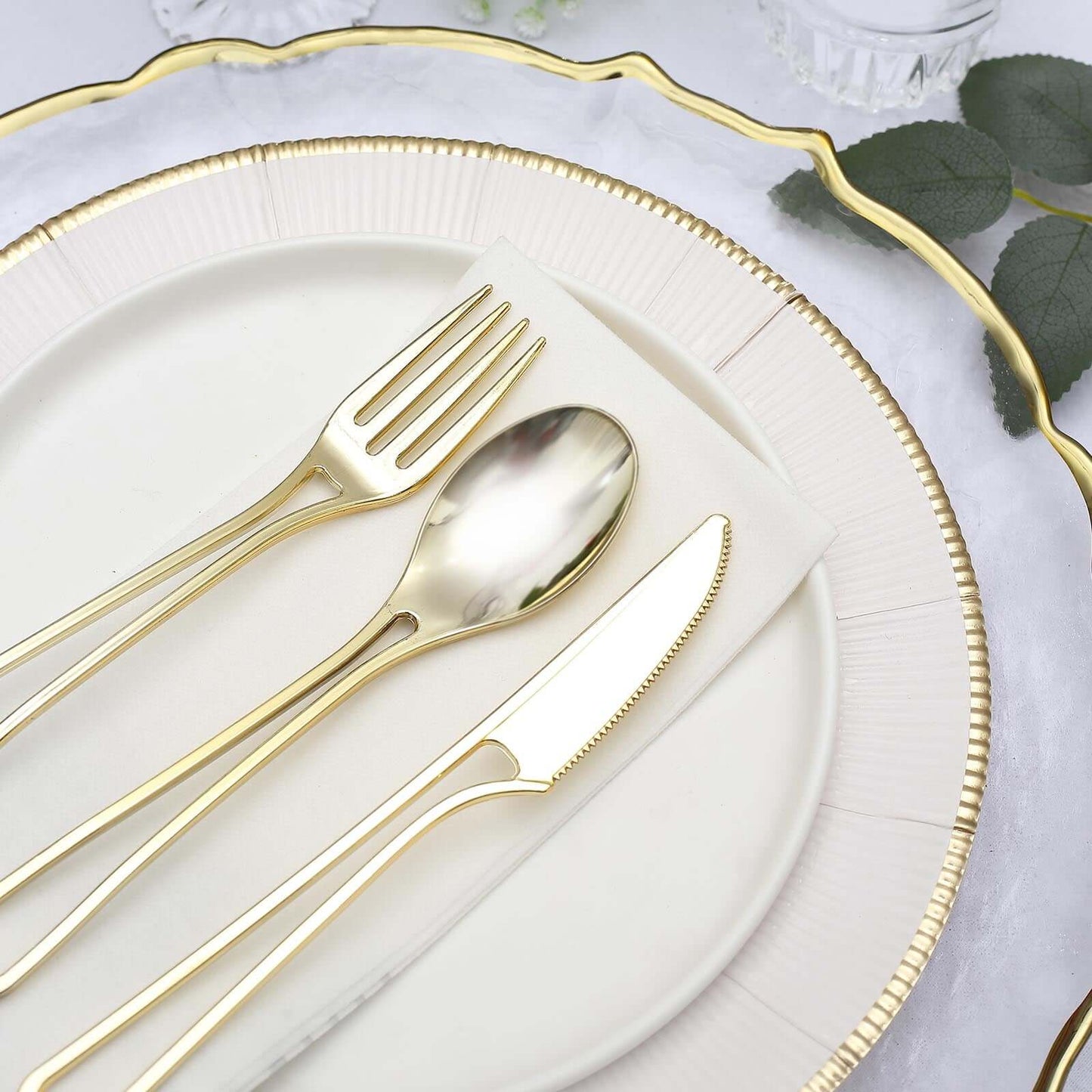 24-Pack Plastic Utensil Set with Modern Hollow Handle Design Gold - Disposable Silverware 7" for Parties