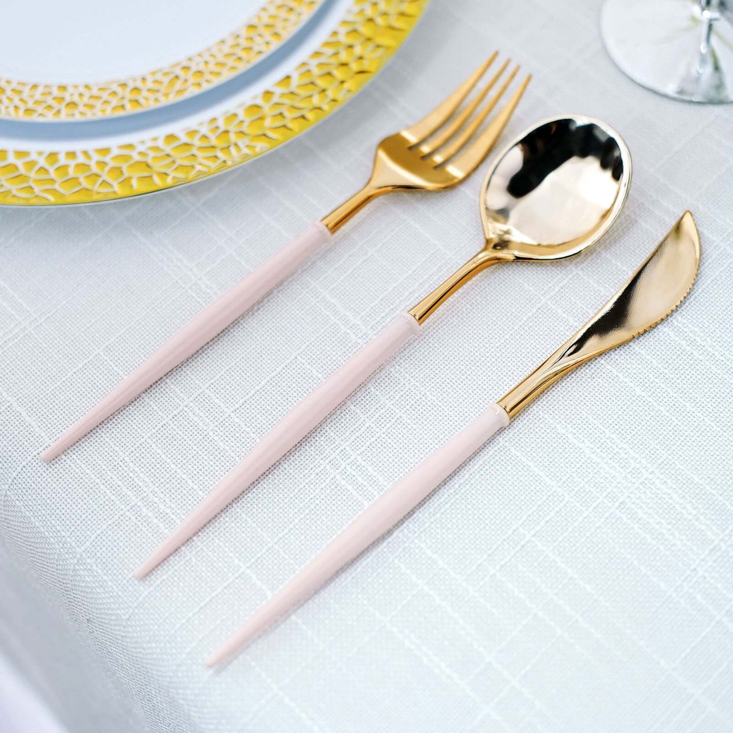 24-Pack Plastic Flatware Set in Metallic Gold with Blush Handle - Heavy Duty Disposable Modern Silverware 8"