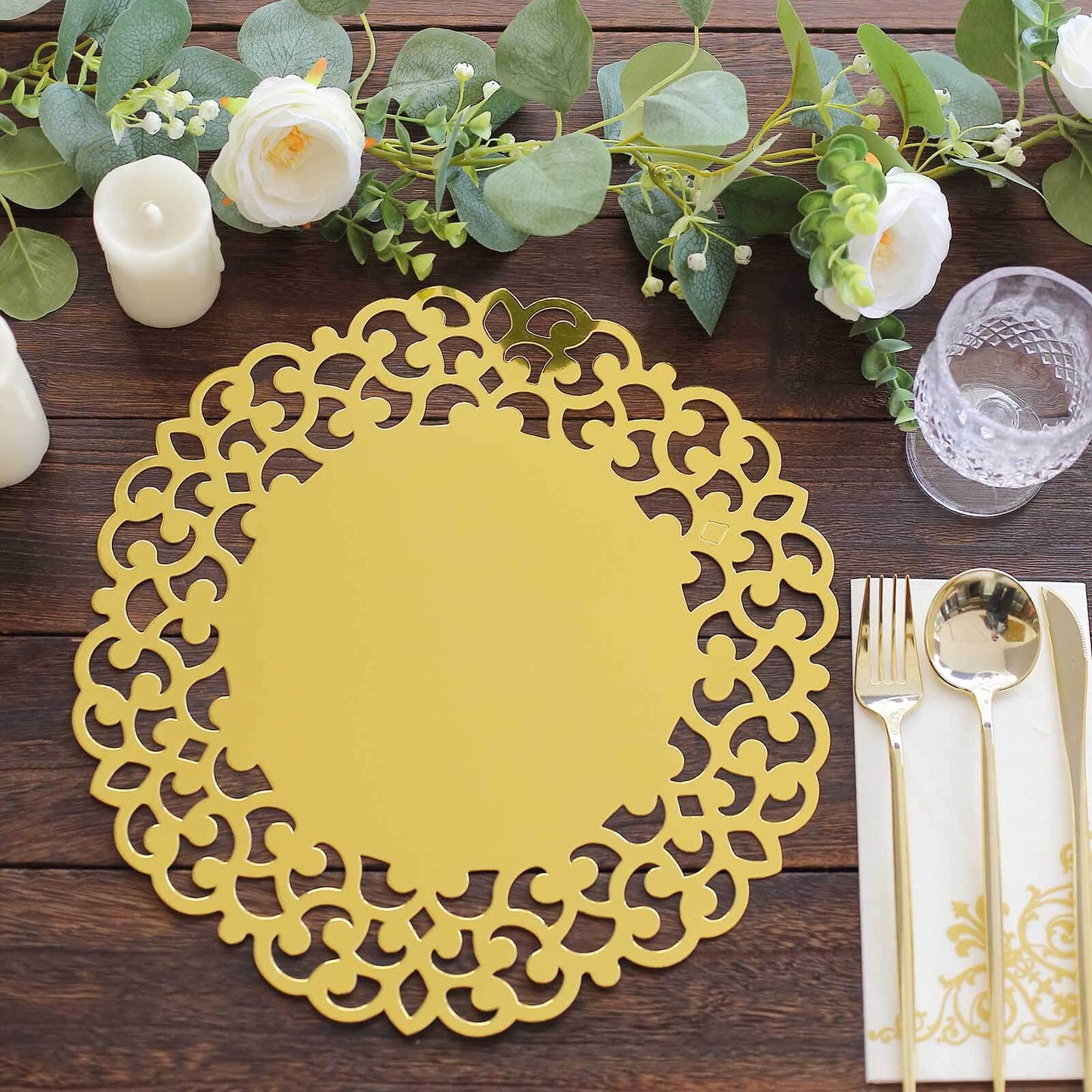 6-Pack Disposable Table Placemats in Metallic Gold with Laser Cut Floral Rim - 400GSM Cardboard Placemats for Glamorous Table Settings 13"