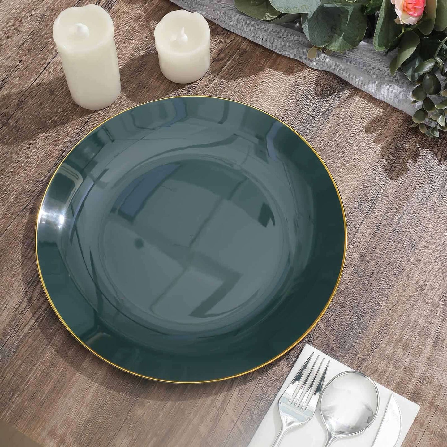 10-Pack Plastic 10" Round Dinner Plates in Hunter Emerald Green with Gold Rim - Glossy Disposable Party Plates
