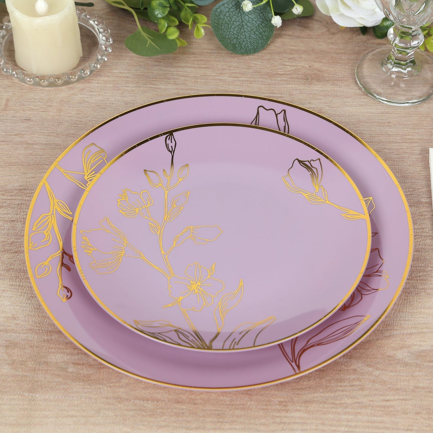 Set of 20 Plastic Round Dinner and Dessert Plates in Lavender Lilac with Metallic Gold Floral Design - Stylish Disposable Dinnerware 8", 10"
