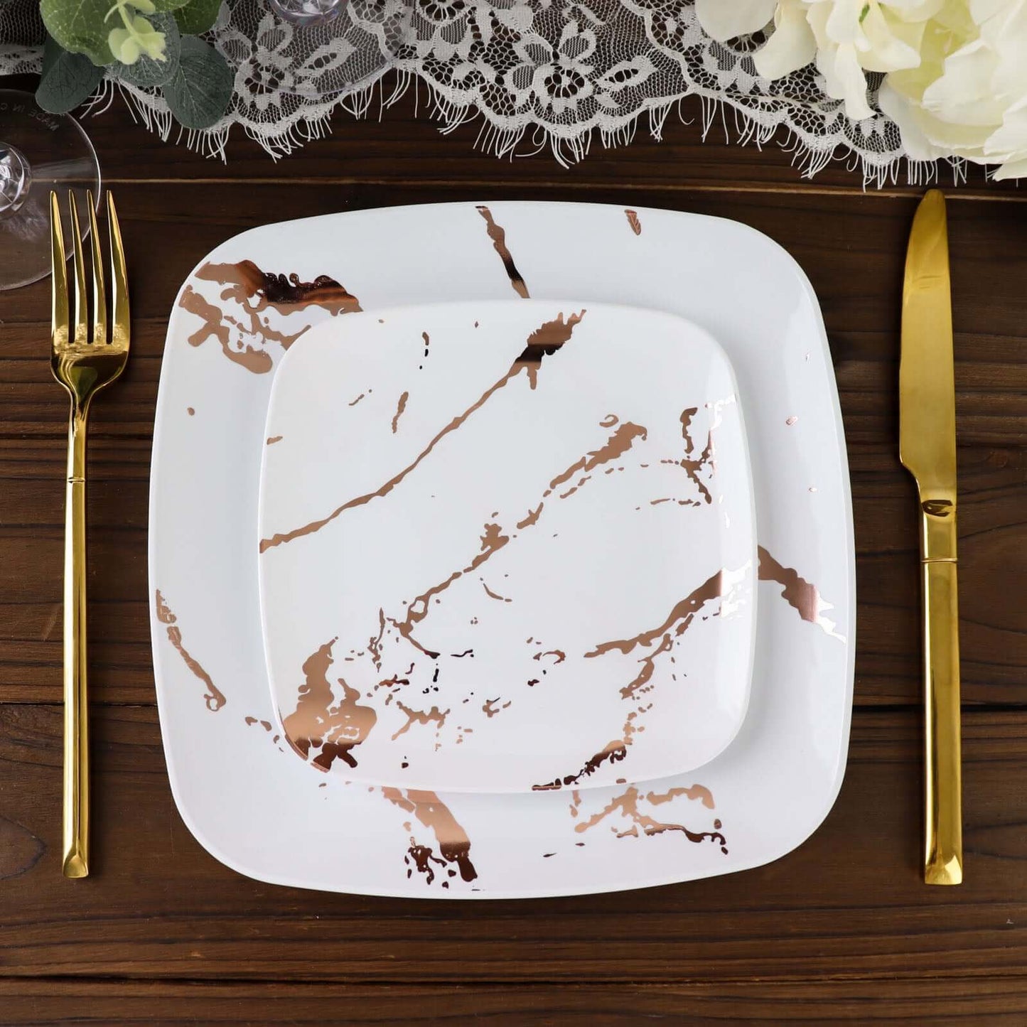 10-Pack Plastic 8" Square Dessert Plates in White with Rose Gold Marble Design - Disposable Appetizer Salad Party Plates