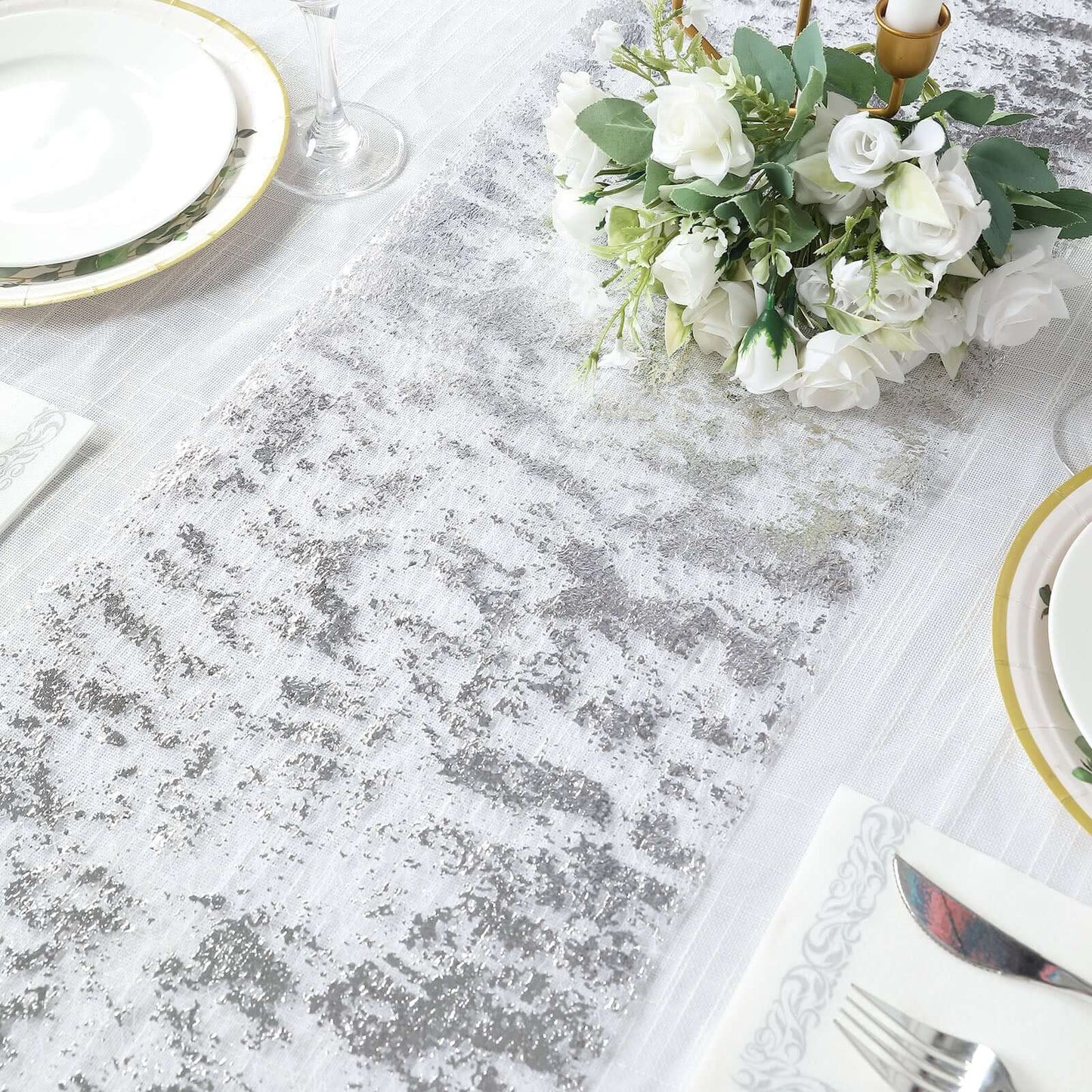 Mesh Polyester 108" Table Runner Roll Metallic Silver - Distressed Foil Look Disposable Table Decor