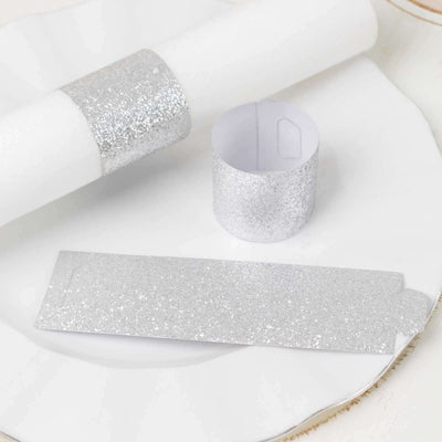 50-Pack Paper Napkin Rings Silver Glitter - Stylish Disposable Napkin Holders 1.5"