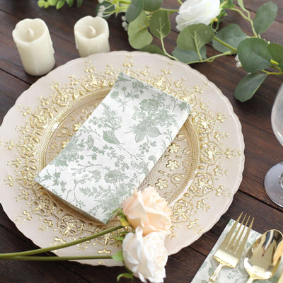 20-Pack Paper Dinner Napkins White/Sage Green with French Toile Pattern 2 Ply - Stylish Disposable Napkins for Parties