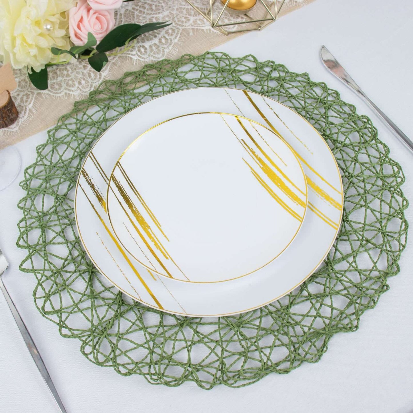 6-Pack Table Placemats Woven Fiber Design Olive Green Round - Disposable Mats for Dining and Events 15"