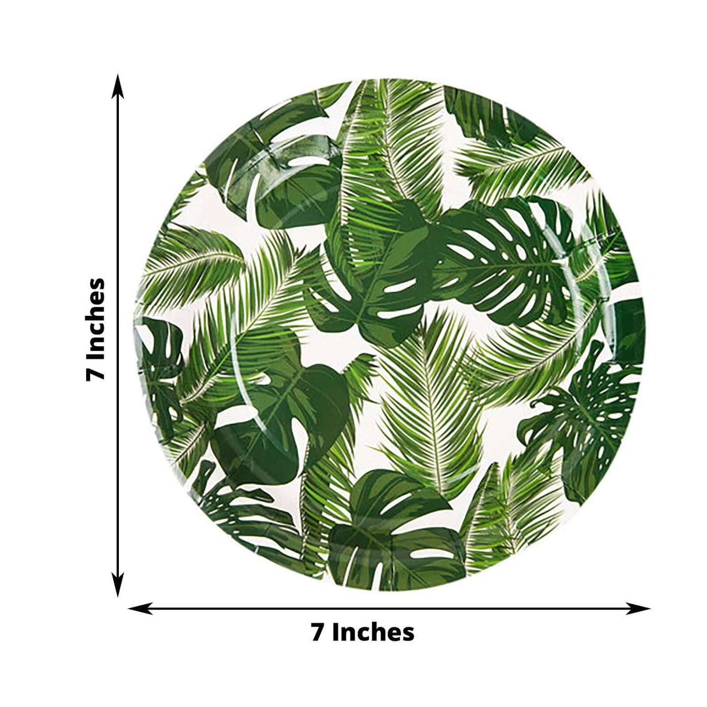 25-Pack Paper 7" Round Dessert Plates in White with Tropical Palm Leaf Design - Disposable 300GSM Appetizer Salad Plates for Boho Chic & Jungle Themed Events