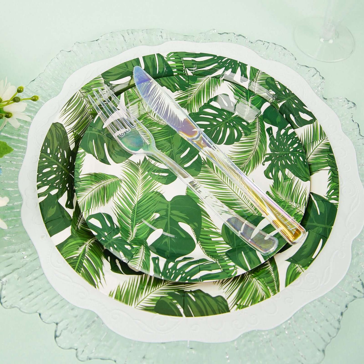 25-Pack Paper 9" Round Dinner Plates in White with Tropical Palm Leaf Design - Disposable 300GSM Party Plates for Luau & Summer Gatherings