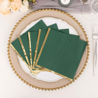 50-Pack Paper Beverage Napkins with Gold Foil Edge Hunter Emerald Green - Disposable 2 Ply Cocktail Napkins for Events 6.5"x6.5"