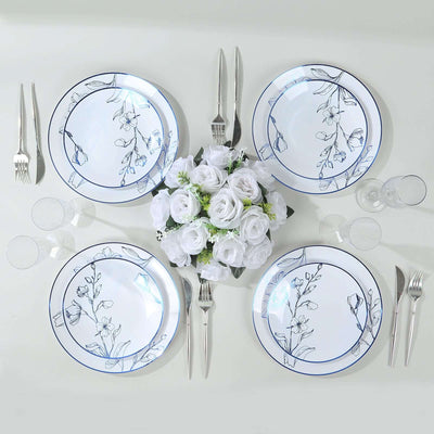 Set of 20 Plastic Round Dinner and Dessert Plates in White with Metallic Blue Floral Design - Stylish Disposable Dinnerware 8", 10"
