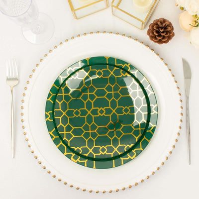 20-Pack Set Plastic Round Dinner and Salad Plates in Hunter Emerald Green with Geometric Gold Print - Modern Disposable Dinnerware Set for Weddings & Celebrations 9", 7"