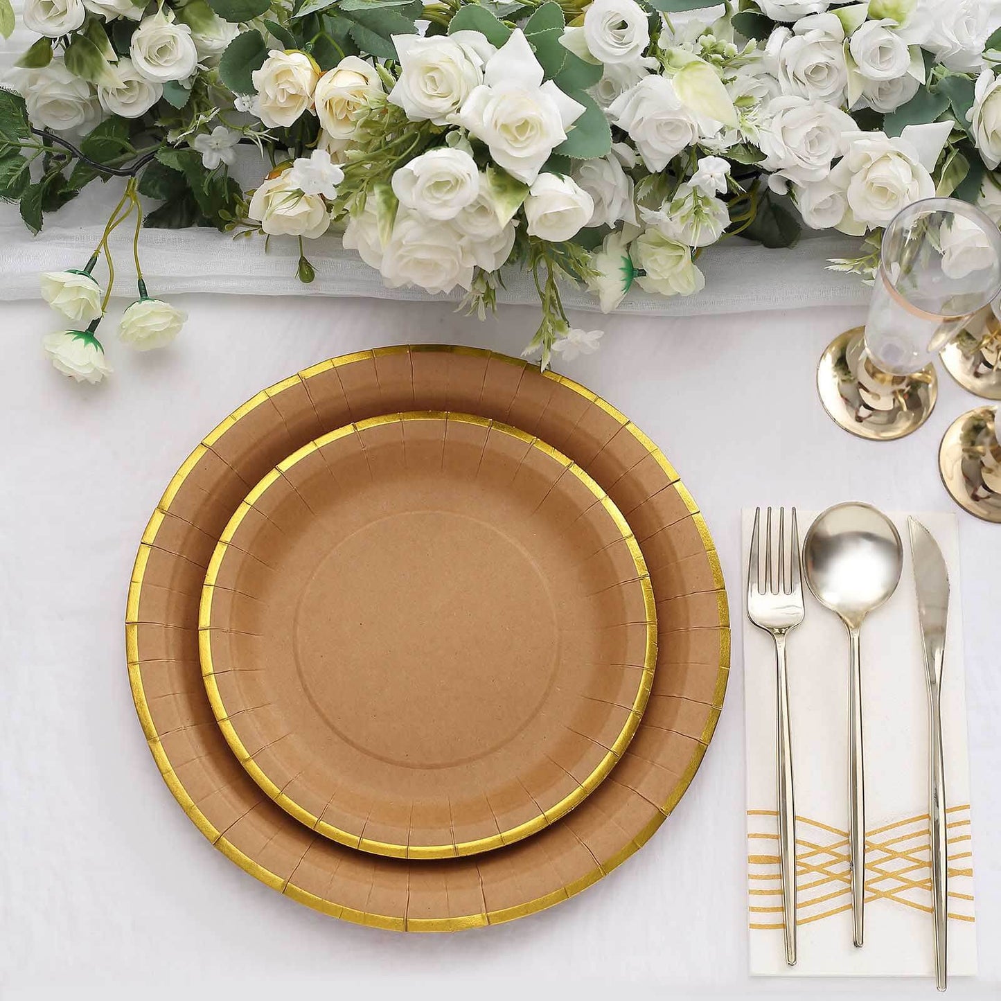 25-Pack Kraft Paper 10" Round Dinner Plates in Natural Brown with Gold Lined Rim - Disposable Party Plates for Rustic & Vintage Inspired Events