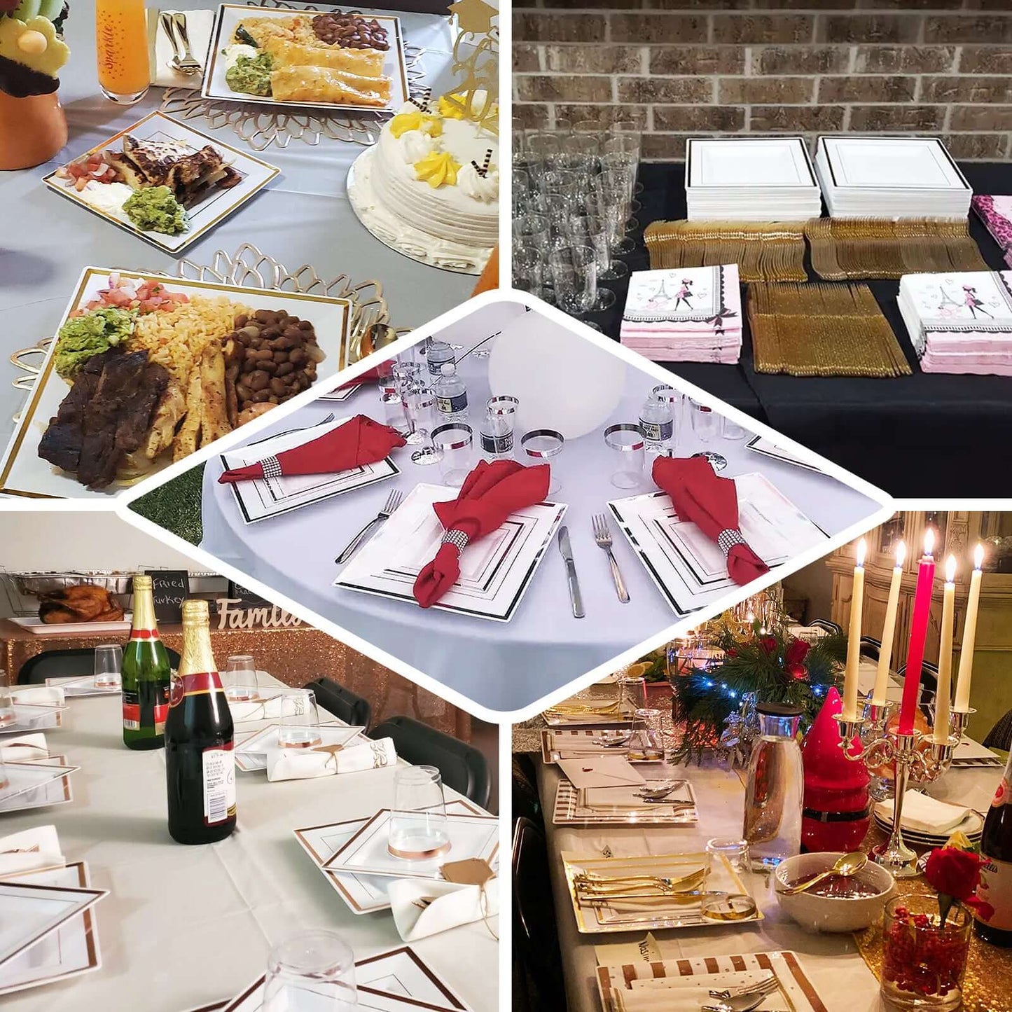 10-Pack Plastic Dinner Plates White Square with Rose Gold Trim - Lightweight Disposable Plates for Events 10"