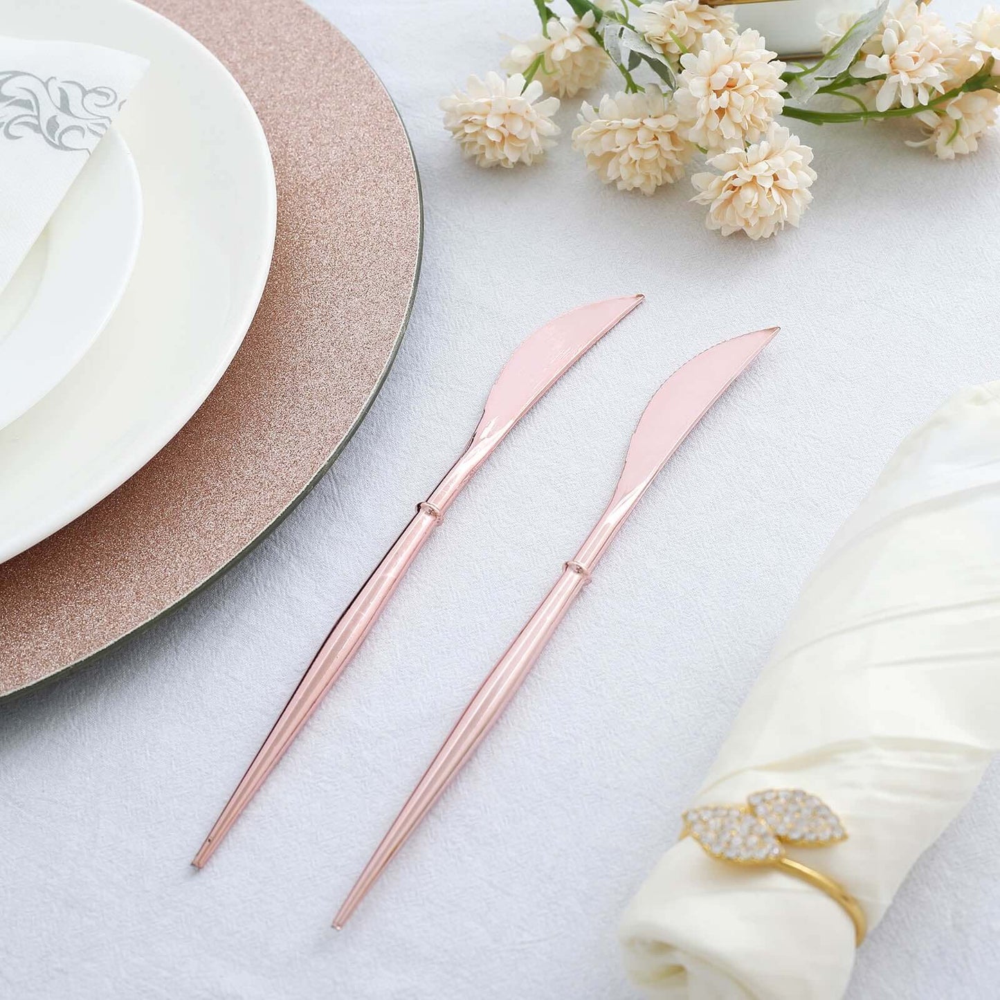 24-Pack Plastic Knives Modern Flatware Rose Gold - Premium Heavy Duty Disposable Silverware 8"