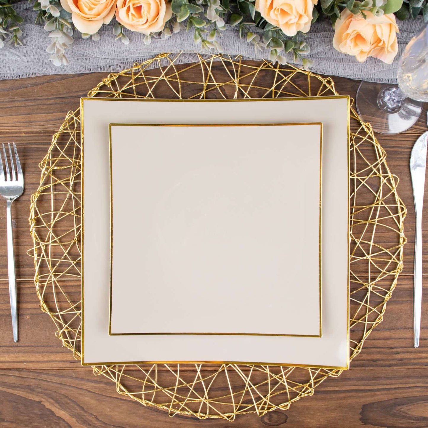 10-Pack Plastic 8" Square Dessert Plates in Taupe Concave Style with Gold Rim - Modern Disposable Salad Appetizer Party Plates