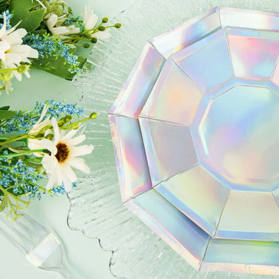 25-Pack Paper 7.5" Decagon Dessert Plates in Iridescent - Disposable Holographic Salad Plates for Starry Night & Fairytale Parties