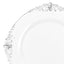 10-Pack Plastic 10" Round Dinner Plates in White with Silver Leaf Embossed Rim - Disposable Vintage Baroque Style Plates