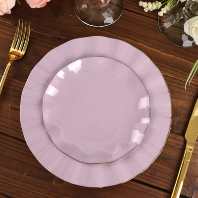 10-Pack Plastic Round 6" Dessert Plates in Lavender Lilac Ruffled Rim with Gold Edging - Sturdy Disposable Salad Appetizer Dinnerware