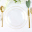 10-Pack Plastic 7" Round Dessert Appetizer Plates in Clear Hammered Design with Gold Rim - Modern Disposable Salad Plates